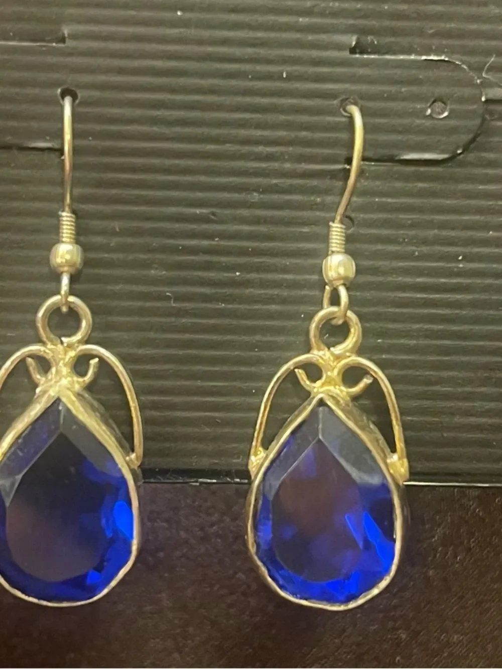 Silver Teardrop Blue Crystal Dangle Earrings